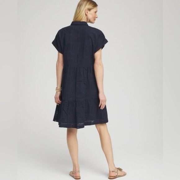 Chico’s Poplin Diagonal Button Front Dress SZ 2.5 US 14 Pockets Color Navy - Picture 1 of 11
